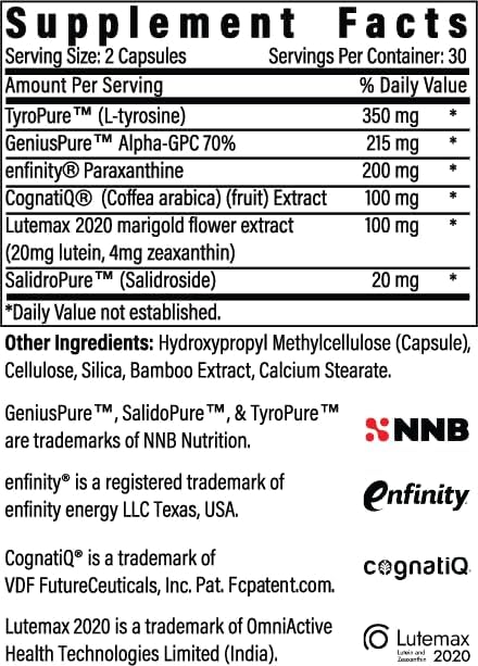 BrainAMP™ Nootropic Energy for Focus, Memory & Clarity | Clean Alertness with Paraxanthine (No Jitters) | Supports Productivity with Alpha-GPC, Tyrosine, CognatIQ, Lutein & Salidroside | 60 Caps