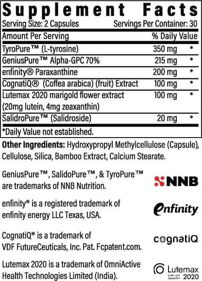BrainAMP™ Nootropic Energy for Focus, Memory & Clarity | Clean Alertness with Paraxanthine (No Jitters) | Supports Productivity with Alpha-GPC, Tyrosine, CognatIQ, Lutein & Salidroside | 60 Caps