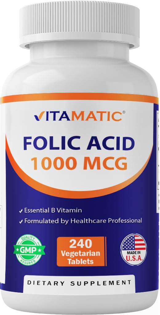 Vitamatic Folic Acid 1000 mcg (1 mg) - Vegetarian Tablets - 1667 mcg DFE - Vitamin B9 (240 Count (Pack of 1)) Vitamatic