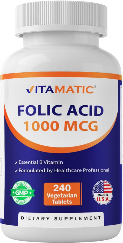Vitamatic Folic Acid 1000 mcg (1 mg) - Vegetarian Tablets - 1667 mcg DFE - Vitamin B9 (240 Count (Pack of 1)) Vitamatic