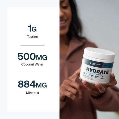 Transparent Labs Hydrate Naturally Sweetened Electrolytes Powder - Hydration Powder Electrolytes with Coconut Water, Calcium, Taurine, & Potassium - 40 Servings, Tropical Punch