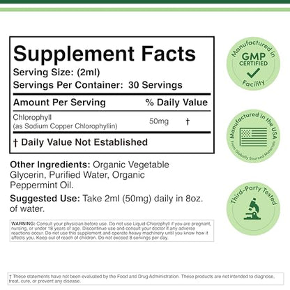 Chlorophyll Liquid Drops - for Digestion, Gut Health, Energy and Detox - Vegan Safe Double Wood Supplements