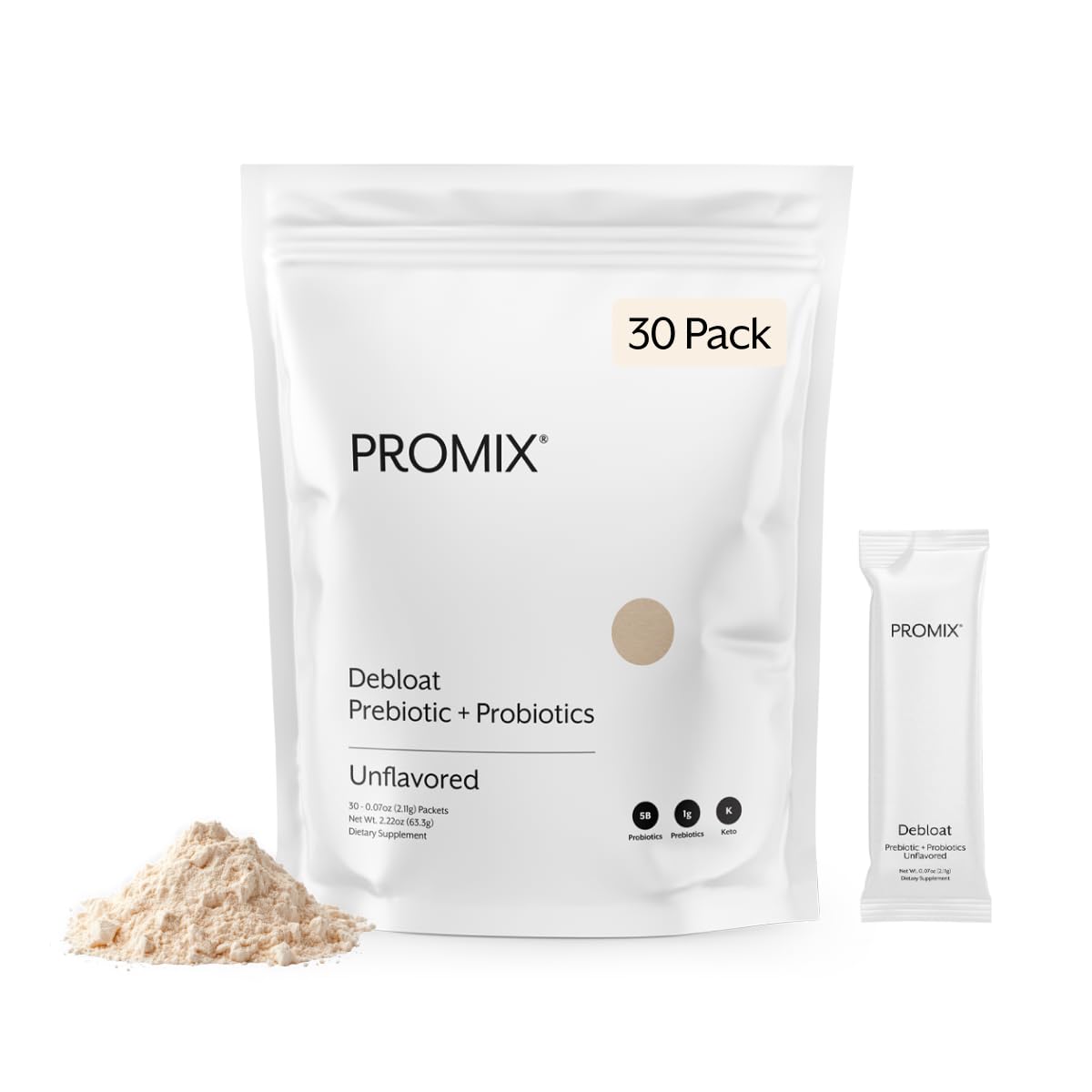 ProMix Nutrition Debloat Prebiotics and Probiotics Immune Support Supplement for Digestion, Cortisol Health, Gut Cleanse - Unflavored - 30 Servings (Pack of 30) ProMix Nutrition