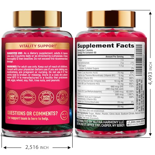 Vitamin B-Complex Gummies for Women & Men - Vitamin B12, B1, B2, B3, B5, B6, B7 & B9 - B Complex with Vitamin C & Choline - Energy, Brain & Mood NUTRAHARMONY
