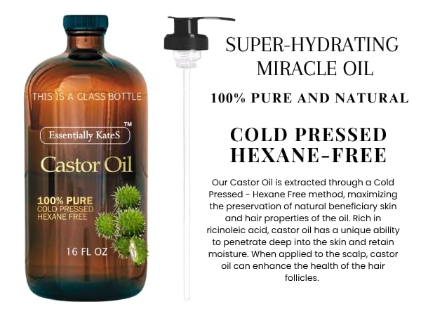 Essentially KateS Castor Oil 16 Fl Oz (Glass Bottle) - Original - A Huge Glass Bottle with a Pump - 100% Pure and Natural Essentially KateS