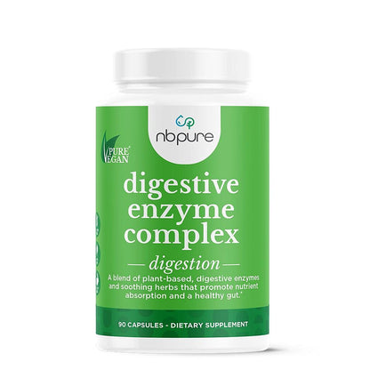 nbpure Vegan Digestive Enzyme Complex – Daily Bloating, Gas, & Food Digestive Support for Women & Men – 12 Enzymes & 3 Herbs – Lactase, Protease, Lipase nbpure