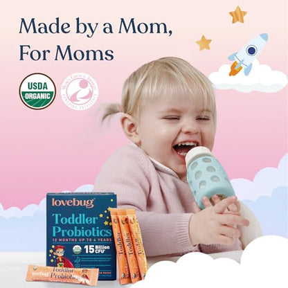 LOVEBUG Kids Probiotic Powder with Prebiotic Fiber - Toddler Immunity Support & Constipation Relief - USDA Organic Probiotics for Childrens Gut & Digestive Health LOVEBUG