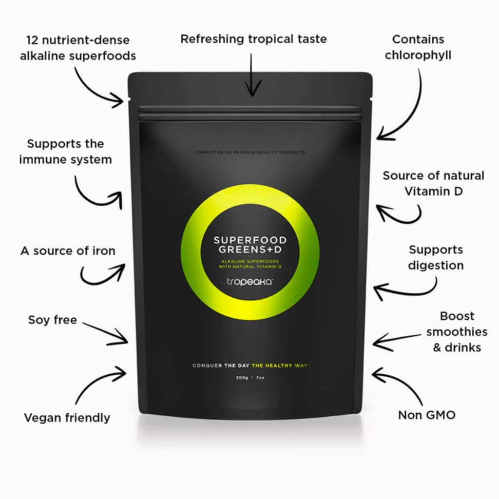 Tropeaka Superfood Greens + D - Antioxidant Green Powder for Energy, Immune System, & Gut Health, Rich in Chlorophyll & Essential Nutrients, Vitamin D, Vegan, Gluten Free, Non-GMO - 7oz (20 Servings) Tropeaka buy australia supplements