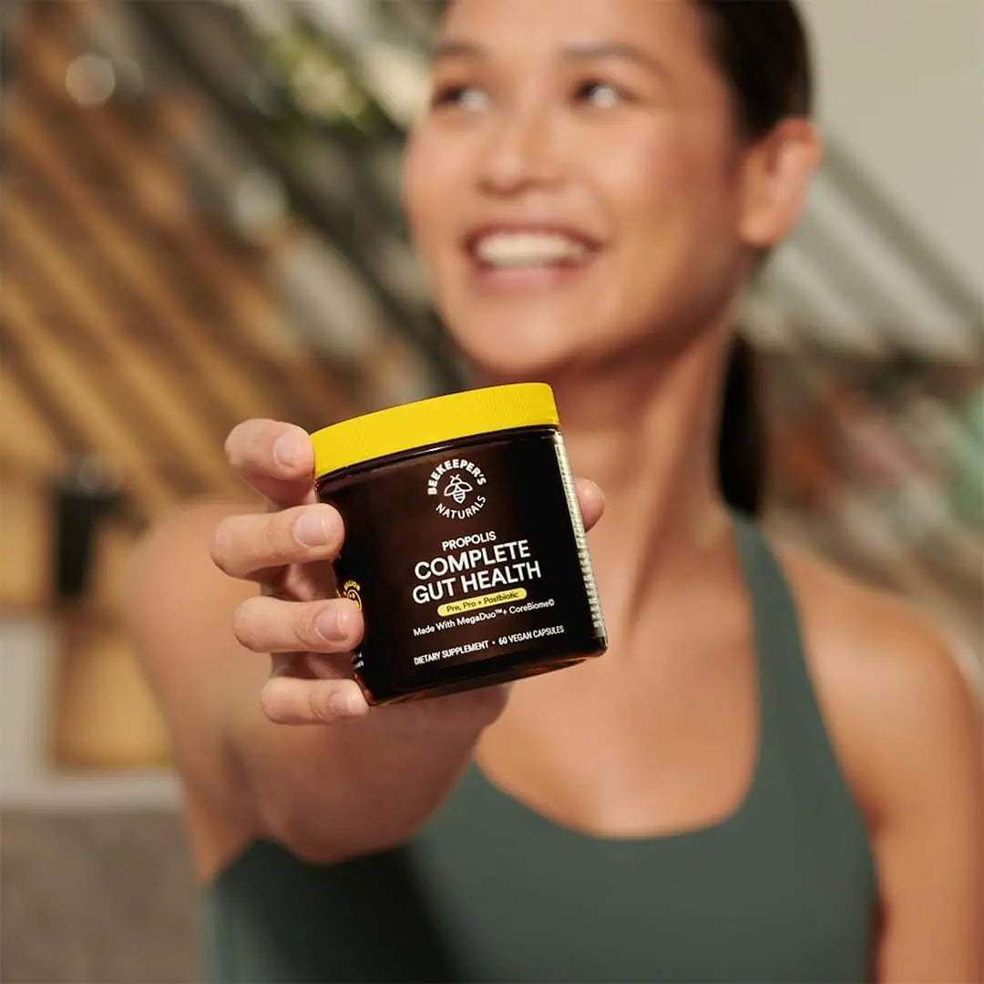 Beekeeper's Naturals Complete Gut Health, 3-in-1 Prebiotic, Postbiotic, Probiotics for Digestive Health & Bloating Relief for Women & Men, Propolis Powered, Gluten-Free Vegan Capsules, 28ct Beekeeper's Naturals buy australia supplements