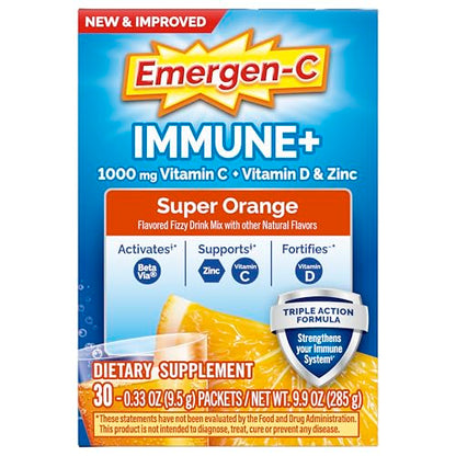 Emergen-C Immune+ Triple Action Immune Support Powder, BetaVia (R), 1000mg Vitamin C, B Vitamins, Vitamin D and Antioxidants Emergen-C