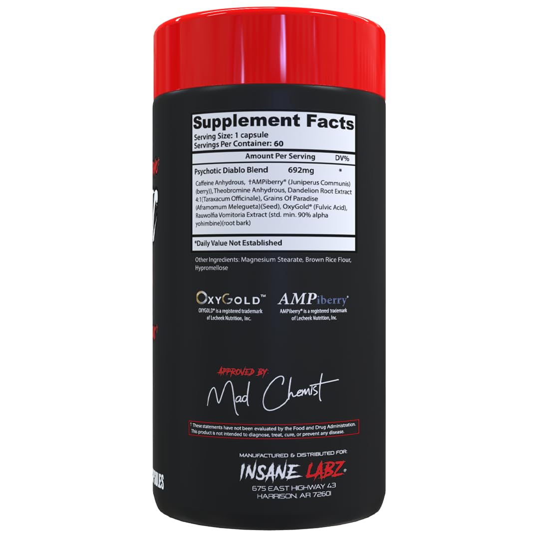 Insane Labz Psychotic Diablo Thermogenic Fat Burner for Men and Women with Grains of Paradise Theobromine Dandelion Root Extract Fueled by AMPiberry, Appetite Suppressant - 60 Servings
