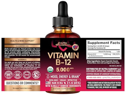 USDA Organic Vitamin B12 Sublingual Drops - 5000 mcg Liquid Vegan Methylcobalamin for Women & Men - Energy Boost, Focus & Mood, Brain Health Support NUTRAHARMONY