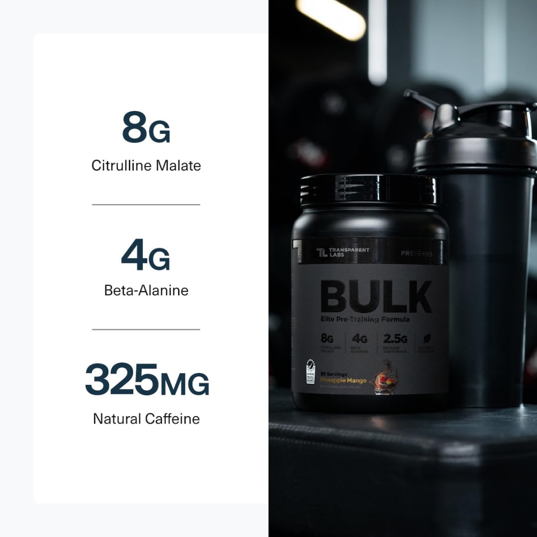 Transparent Labs Bulk Black Pre Workout - Clinically Dosed, Sugar Free Preworkout for Men and Women with Beta Alanine Powder, Citrulline Malate, & Caffeine - 30 Servings, Black Cherry
