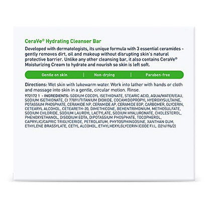 CeraVe Hydrating Cleanser Bar, Soap-Free Body and Facial Cleanser with 5% Moisturizing Cream, Fragrance-Free, 2-Pack, 4.5 Ounce Each CeraVe