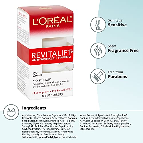 L'Oreal Paris Skincare Revitalift Anti-Wrinkle and Firming Eye Cream with Pro Retinol, Treatment to Reduce Dark Circles, Fragrance Free, 0.5 oz. L'Oreal Paris