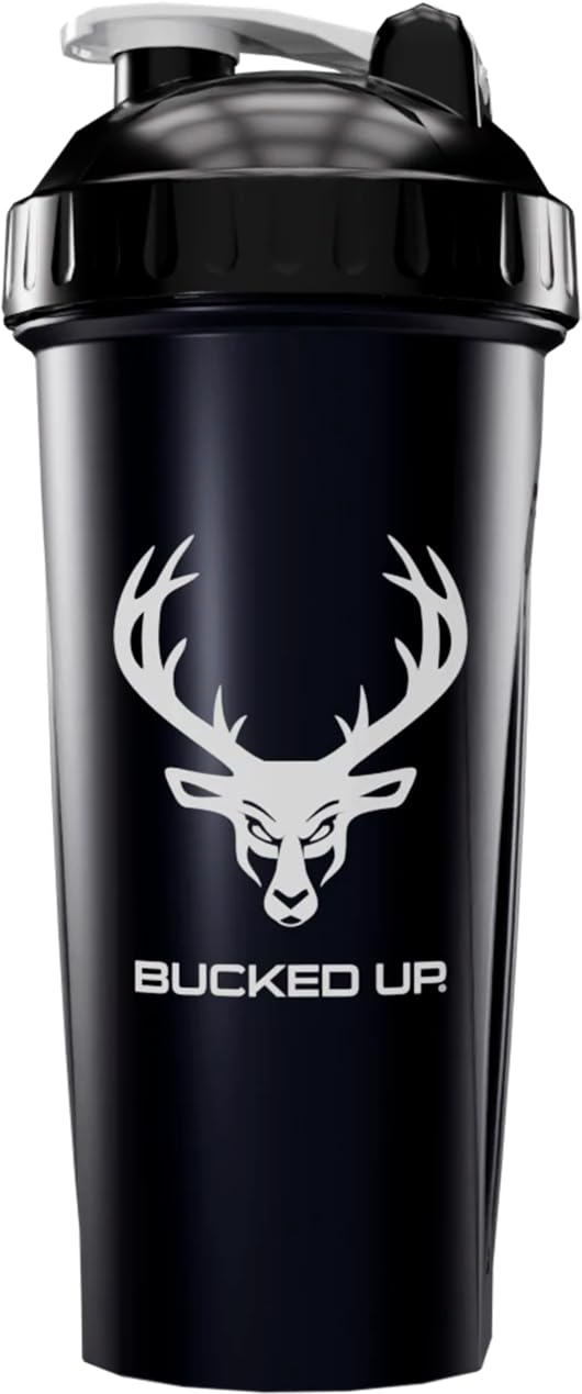 Bucked Up Perfect Shaker Bottle, 28oz, BPA-Free, Dishwasher Safe, Leak-Proof, Black Bottle with Red Buck Logo