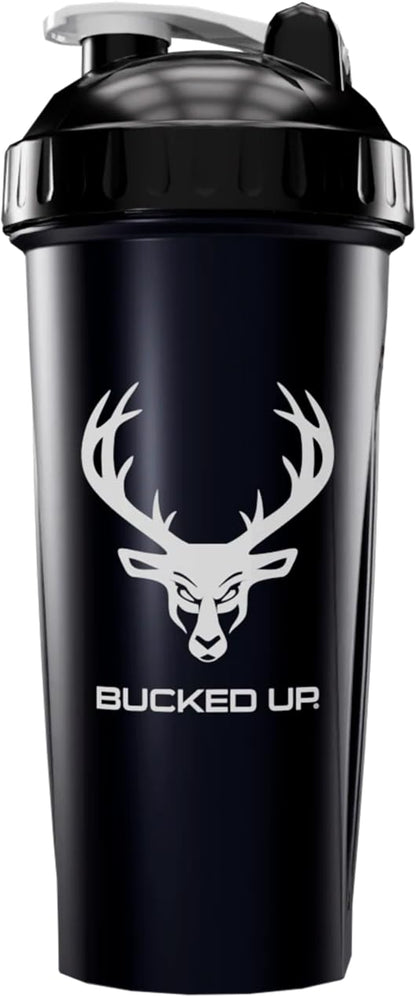 Bucked Up Perfect Shaker Bottle, 28oz, BPA-Free, Dishwasher Safe, Leak-Proof, Black Bottle with Red Buck Logo