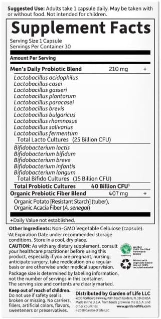 Garden of Life Dr. Formulated Probiotics Men's Daily Care, 40 Billion CFU, 30 Vegetarian Capsules Gsupps Australia