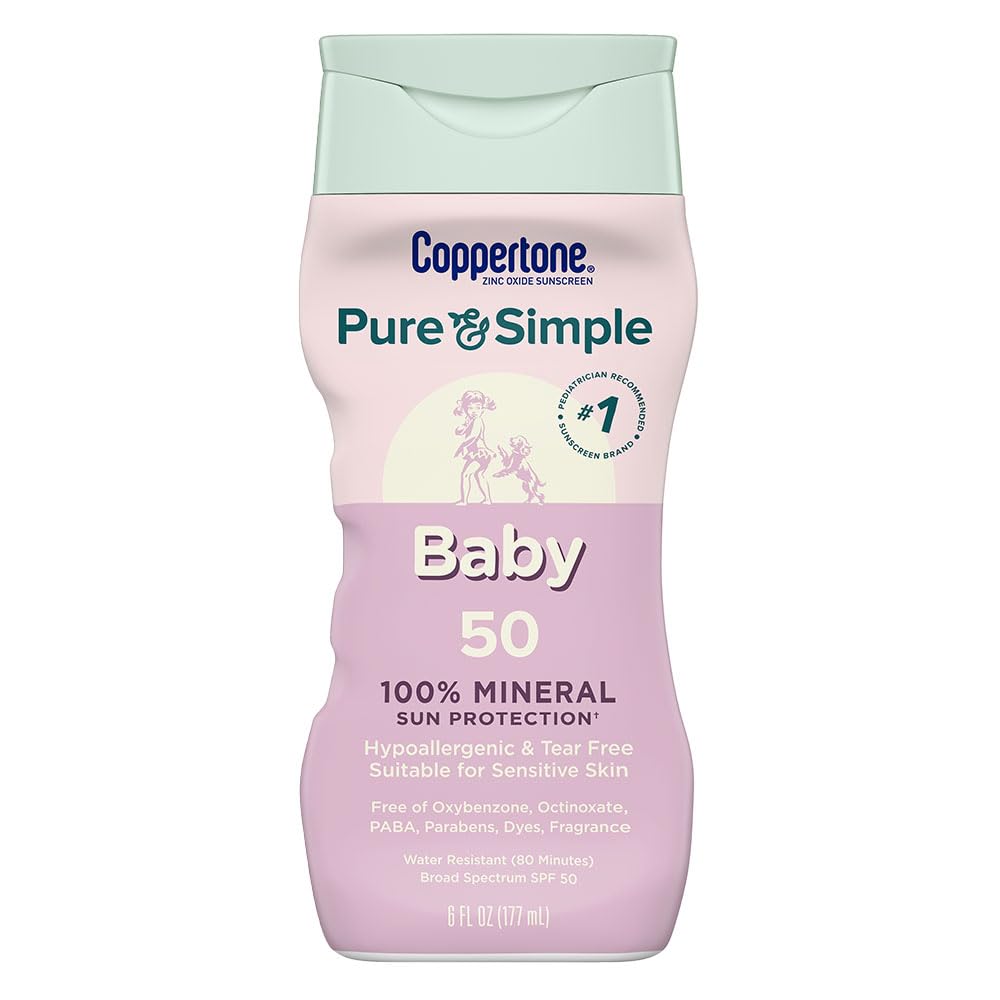 Coppertone Pure and Simple Baby Sunscreen Lotion SPF 50, Zinc Oxide Mineral Sunscreen for Babies, Hypoallergenic and Tear Free, 6 Fl Oz Bottle Coppertone