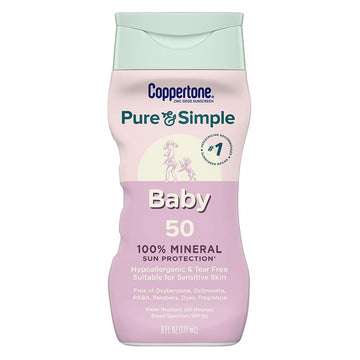 Coppertone Pure and Simple Baby Sunscreen Lotion SPF 50, Zinc Oxide Mineral Sunscreen for Babies, Hypoallergenic and Tear Free, 6 Fl Oz Bottle
