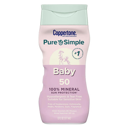Coppertone Pure and Simple Baby Sunscreen Lotion SPF 50, Zinc Oxide Mineral Sunscreen for Babies, Hypoallergenic and Tear Free, 6 Fl Oz Bottle Coppertone
