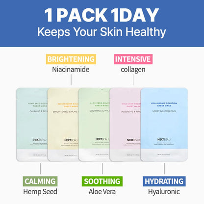 NEXTBEAU Solution Sheet Mask Variety Pack, 10 Count (5 Types x 2 Sheets), 0.74 fl oz Each, Korean Facial Sheet Masks for Daily Skincare NEXTBEAU