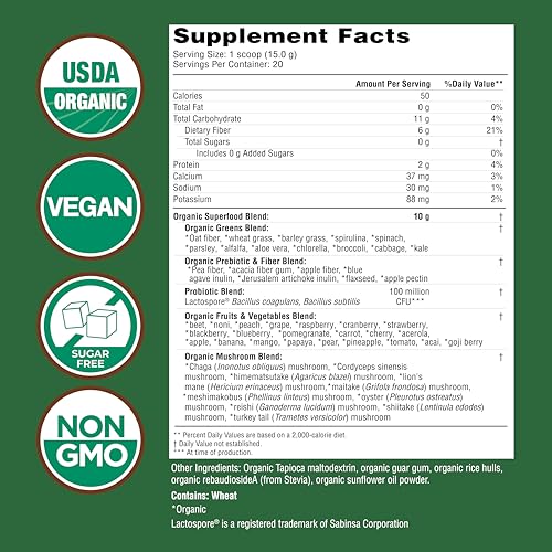 Country Farms Organic Super Greens Natural Flavor, 50 Organic Super Foods, Packed with Fiber, USDA Organic Drink Mix, Fruits, Vegetables, Mushrooms & Probiotics Country Farms