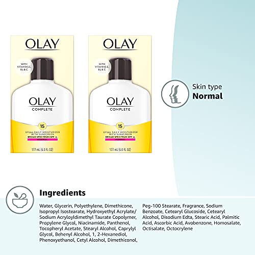 Olay Face Moisturizer, Complete with Sunscreen SPF 15, Daily Facial Lotion for Normal Skin, Lightweight Hydrating Broad Spectrum Sun Protection Olay