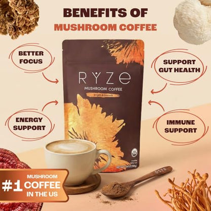 RYZE SUPERFOODS Mushroom Medium Roast Coffee USDA Organic with 6 Adaptogenic Mushrooms, USA Grown Instant Coffee for Better Energy RYZE SUPERFOODS