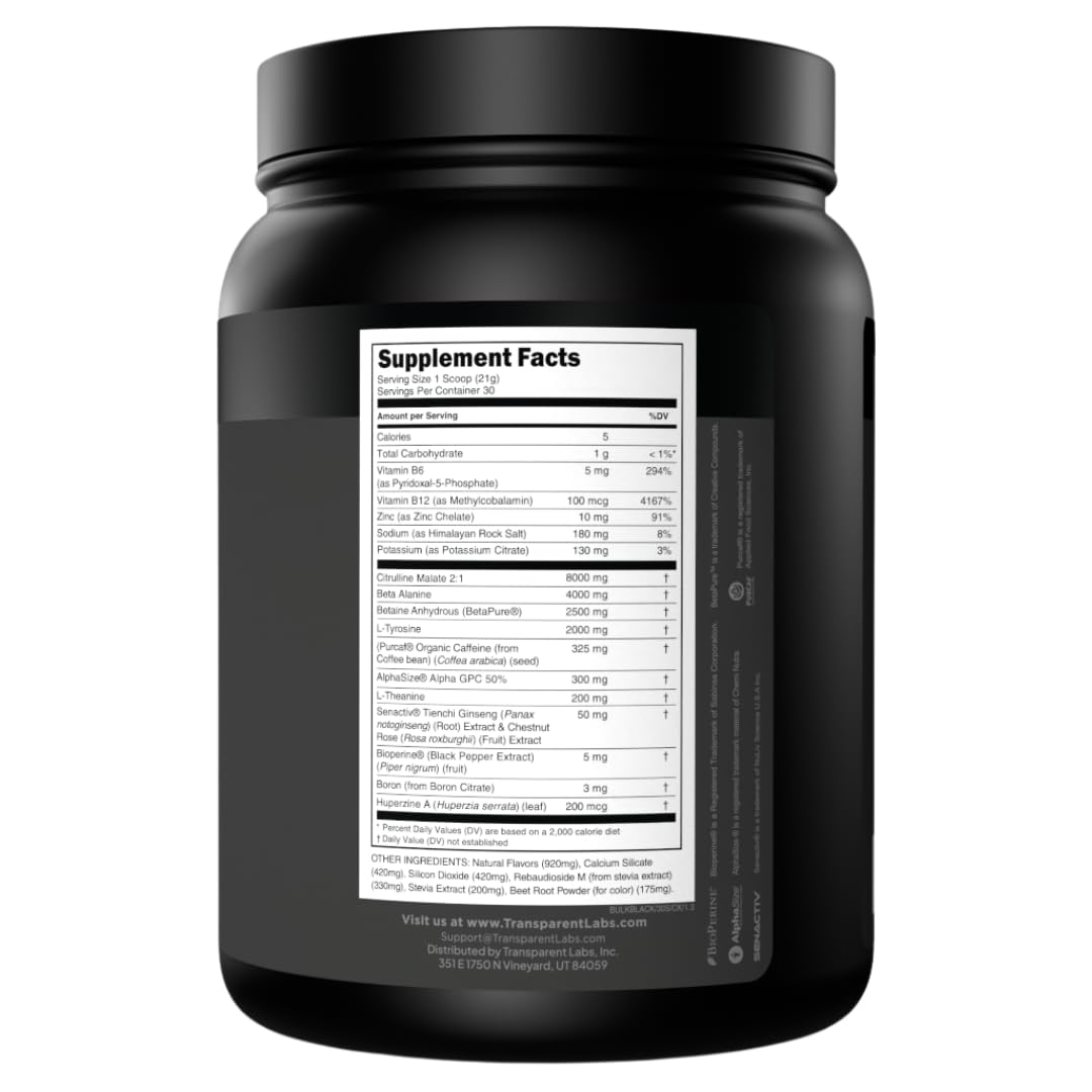 Transparent Labs Bulk Black Pre Workout - Clinically Dosed, Sugar Free Preworkout for Men and Women with Beta Alanine Powder, Citrulline Malate, & Caffeine - 30 Servings, Black Cherry