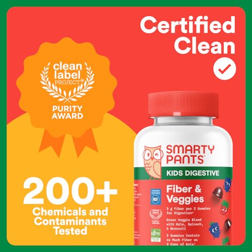 SmartyPants Kids Fiber & Veggies: Prebiotic Fiber Gummies for Kids, Fiber Supplement with Inulin, Organic Green Veggie Blend, Vegan, Gluten Free SmartyPants