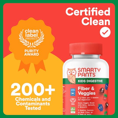 SmartyPants Kids Fiber & Veggies: Prebiotic Fiber Gummies for Kids, Fiber Supplement with Inulin, Organic Green Veggie Blend, Vegan, Gluten Free SmartyPants