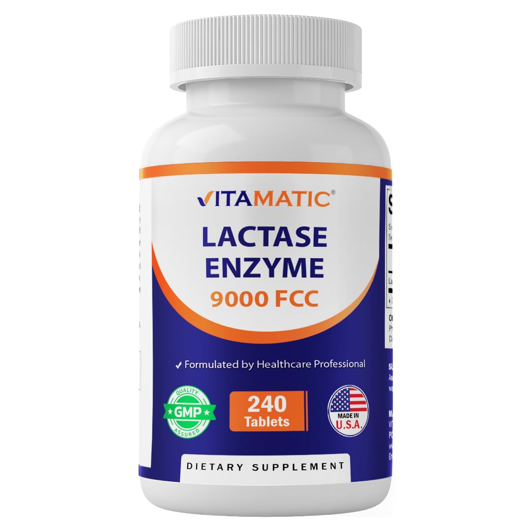 Vitamatic Lactase Enzyme 9000 FCC 240 Tablets - Lactose Intolerance Relief Caplets Vitamatic