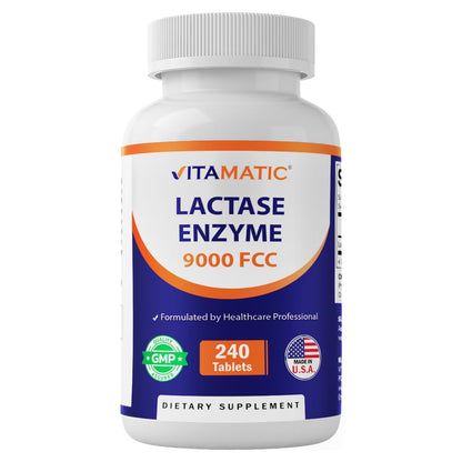Vitamatic Lactase Enzyme 9000 FCC 240 Tablets - Lactose Intolerance Relief Caplets Vitamatic