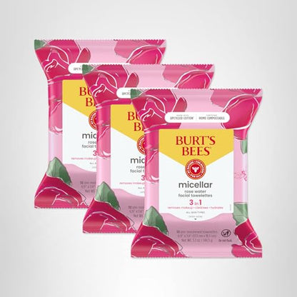 Burt’s Bees Micellar Rose Water Facial Towelettes, 100% Plant Based Cloth; 99% Natural Origin; Remove Makeup, Cleanse, Hydrate; No Oily Residue; All Skin Types; 30 Ct, Pack of 3 (Pack May Vary) Burt's Bees