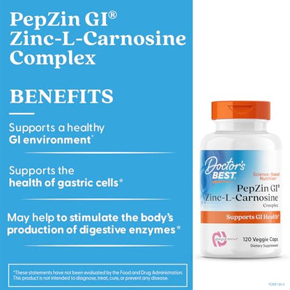 Doctor's Best PepZin GI, Zinc-L-Carnosine Complex for Men & Women - Zinc Carnosine Supplement Caps for Gut Health, Digestive Support, & Stomach Comfort Doctor's BEST