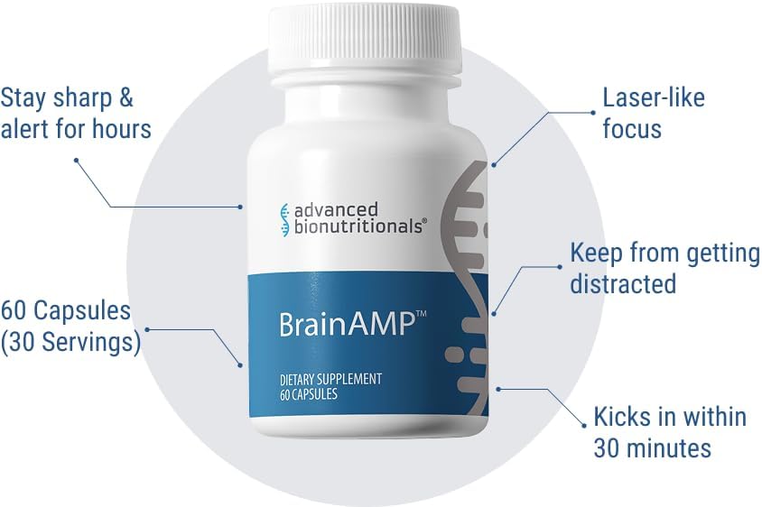 BrainAMP™ Nootropic Energy for Focus, Memory & Clarity | Clean Alertness with Paraxanthine (No Jitters) | Supports Productivity with Alpha-GPC, Tyrosine, CognatIQ, Lutein & Salidroside | 60 Caps