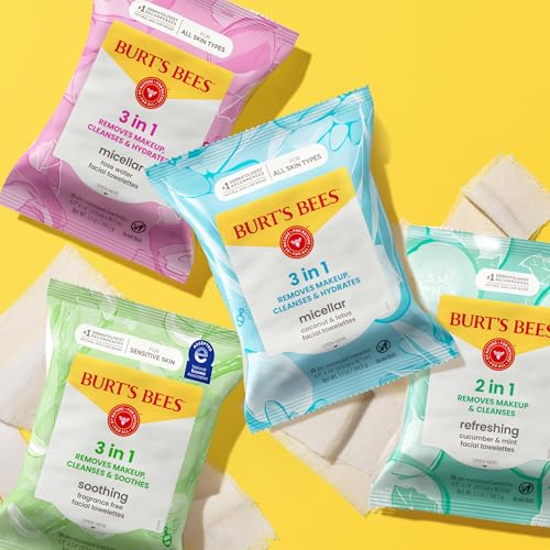 Burt’s Bees Micellar Rose Water Facial Towelettes, 100% Plant Based Cloth; 99% Natural Origin; Remove Makeup, Cleanse, Hydrate; No Oily Residue; All Skin Types; 30 Ct, Pack of 3 (Pack May Vary) Burt's Bees