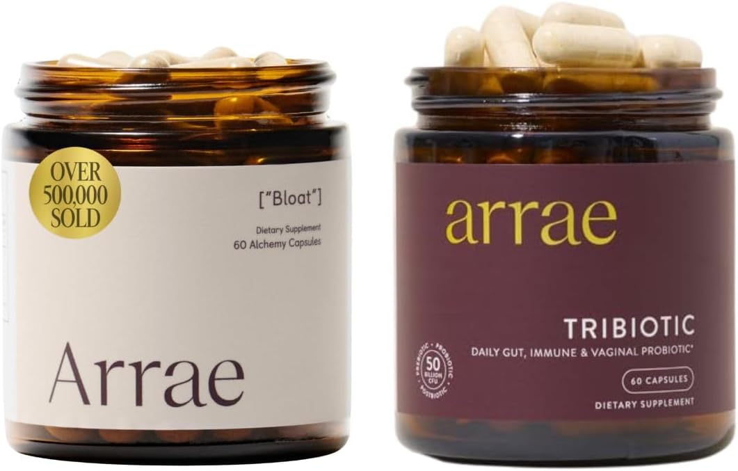 Arrae Bloat + Tribiotic Bundle, Bloating Relief Digestive Enzymes, Gas & Indigestion Relief, Probiotics for Women, Support for Vaginal pH Balance, Immune, and Feminine Health, 60 Capsules Each
