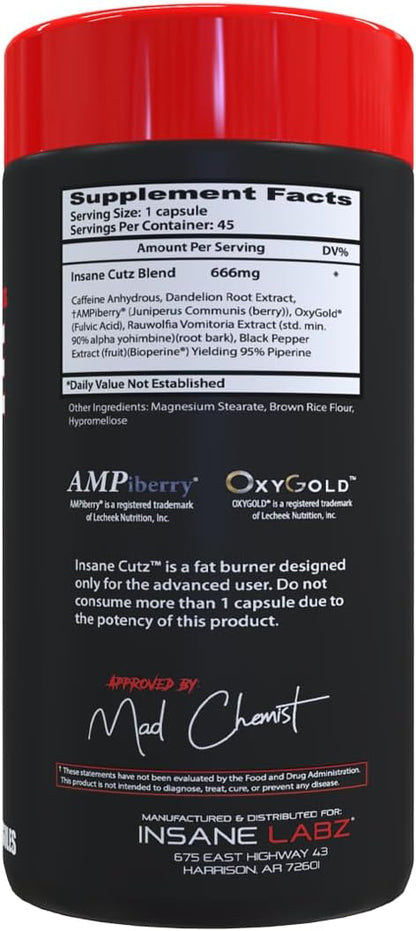 Insane Labz Insane Cutz Intense Fat Burner for Men and Women, Thermogenic Weight Loss Supplement with Dandelion Root Extract Fueled by AMPiberry, Appetite Suppressant - 45 Daily Srvgs (45 Capsules)