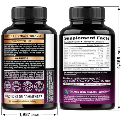 Iron Supplement for Women - Iron 65mg (Ferrous Sulfate 325mg) - Stomach Friendly | Slow Release Iron | High Absorption - Vitamins C, D3, B6, B12 & Folate NUTRAHARMONY