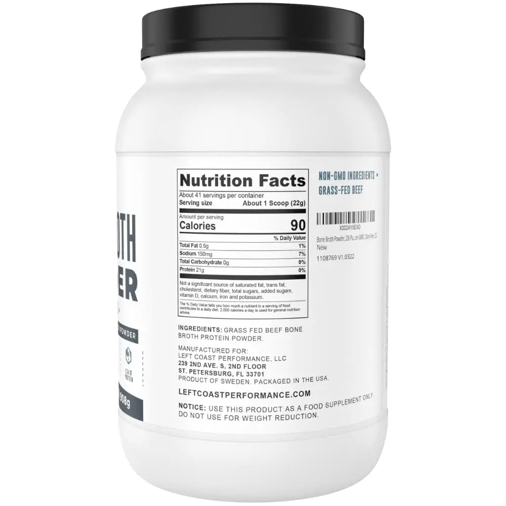 Bone Broth Protein Powder – Pure Grass-Fed Beef Bone Broth, Unflavored with Natural Collagen, Glucosamine & Gelatin – Paleo & Keto-Friendly, Non-GMO, Dairy-Free for Gut Health & Joint Support 32oz Left Coast Performance