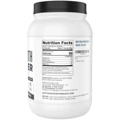 Bone Broth Protein Powder – Pure Grass-Fed Beef Bone Broth, Unflavored with Natural Collagen, Glucosamine & Gelatin – Paleo & Keto-Friendly, Non-GMO, Dairy-Free for Gut Health & Joint Support 32oz Left Coast Performance