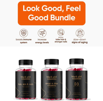 Black Girl Vitamins Look Good Feel Good Bundle – Hair Skin & Nails, Vitamin D3 2000IU & Once a Day Multivitamin - Women's Supplement Bundle Black Girl Vitamins