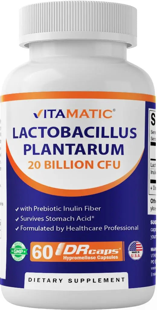 Vitamatic Lactobacillus Plantarum - 20 Billion per DR Capsule - 60 Count - Digestive Support - Made with Prebiotic Inulin Fiber Vitamatic