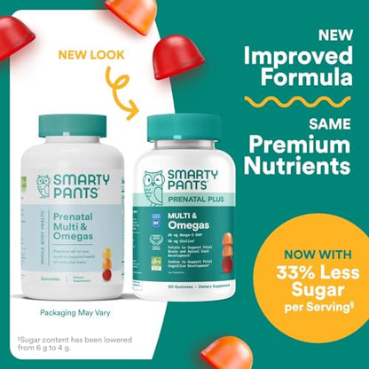 SmartyPants Prenatal Multivitamin Gummies with Omega 3 DHA/EPA, Methylfolate, Biotin, Vitamins D3, C, B12, B6, A, K, and Zinc, Gluten Free, Clean Label SmartyPants