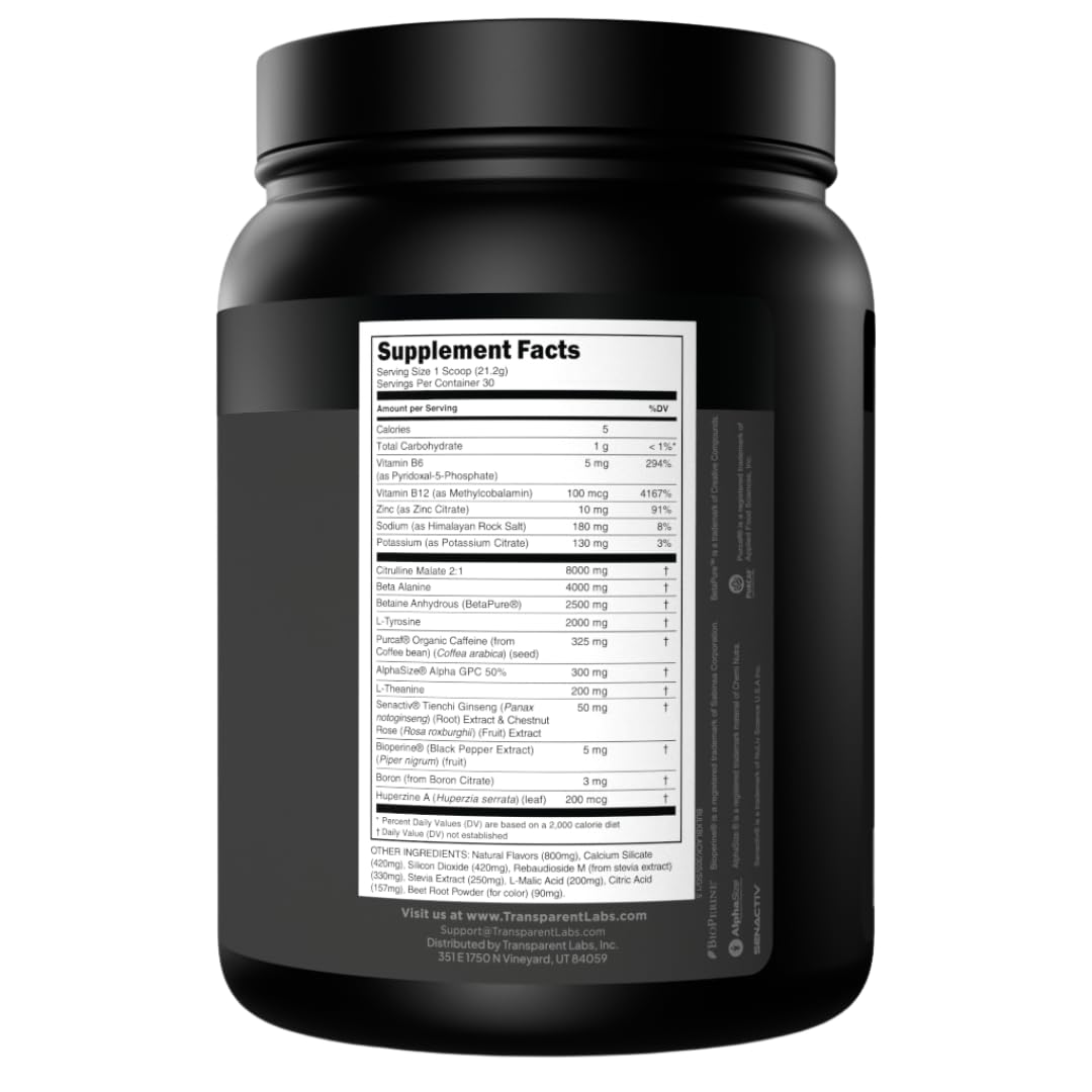 Transparent Labs Bulk Black Pre Workout - Clinically Dosed, Sugar Free Preworkout for Men and Women with Beta Alanine Powder, Citrulline Malate, & Caffeine - 30 Servings, Black Cherry