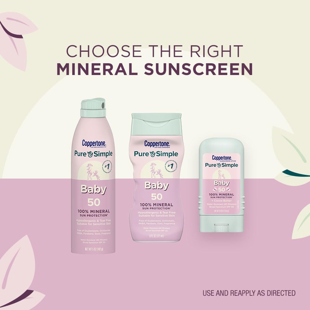 Coppertone Pure and Simple Baby Sunscreen Lotion SPF 50, Zinc Oxide Mineral Sunscreen for Babies, Hypoallergenic and Tear Free, 6 Fl Oz Bottle Coppertone