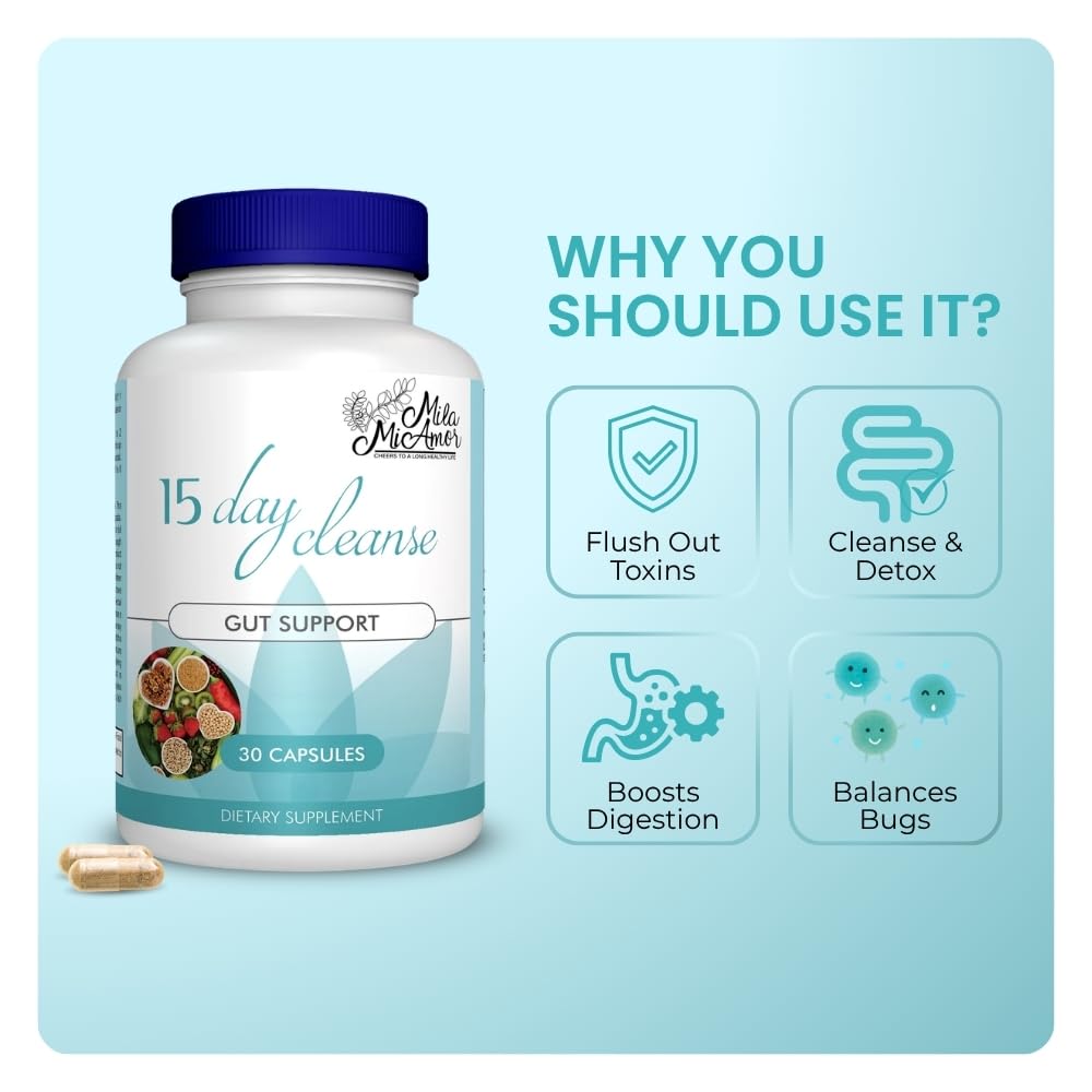 Mila Miamor 15 Day Cleanse - Gut and Colon Support - Advanced Gut Cleanse Detox for Women & Men with Senna, Cascara Sagrada & Psyllium Husk - Non-GMO - Made in USA - 30 Capsules Mila Miamor