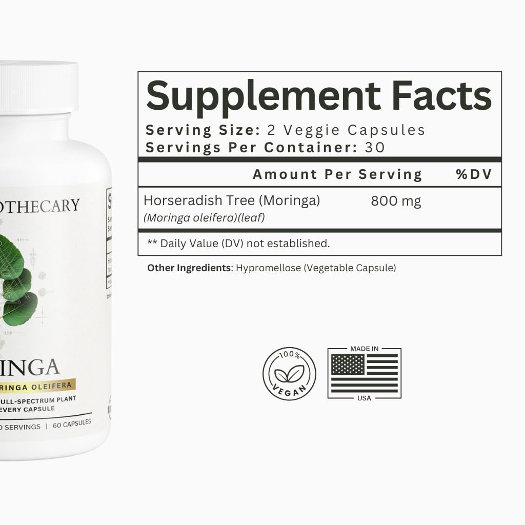Moringa Oleifera Capsules 800mg - Pure Leaf Powder Superfood with Antioxidants Vitamins Minerals Amino Acids - Energy Immune Support Green Supplement for Men Women Dear Apothecary